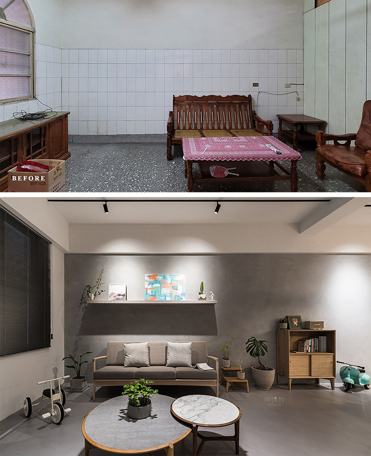 Phòng khách được kết nối với khu vực ăn uống mở, mang phong cách tối giản với bàn gỗ, đèn chùm treo, bệ TV gỗ thiết kế riêng và tường trắng đồng bộ.
