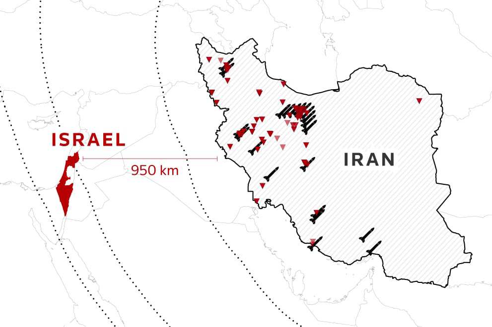 Khoảng cách tối thiểu để tên lửa Iran vươn tới Israel (đồ họa: Reuters)