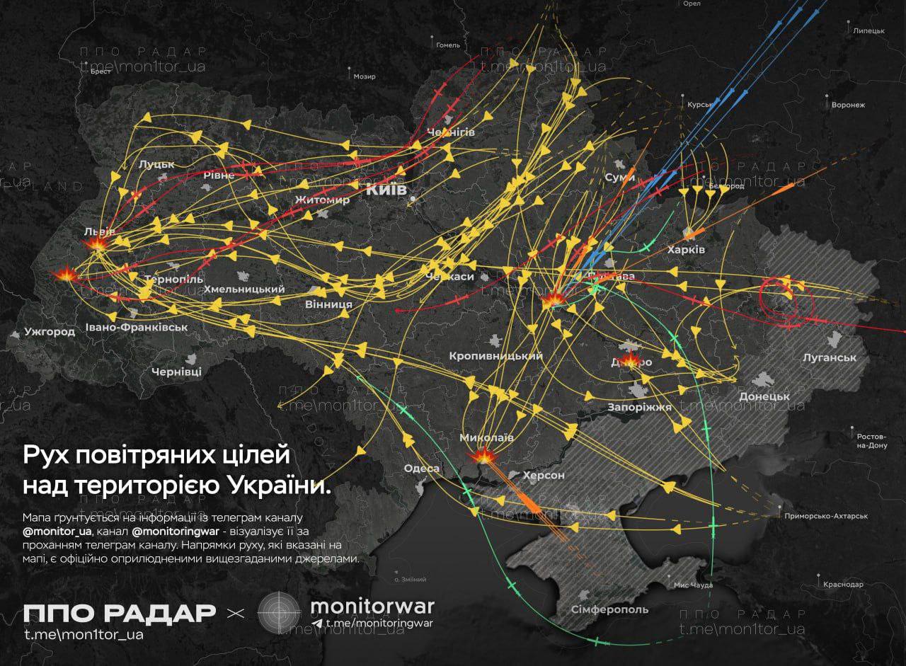 Mức độ phức tạp của đợt phóng 537 tên lửa và UAV của Nga nhằm vào Ukraine mới đây. Ảnh: Euromaidan Press. Trong ảnh là đường bay của UAV và tên lửa Nga.