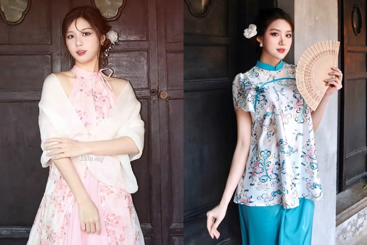 Cặp chị em yểu điệu cùng trang phục cảm hứng đồ truyền thống khi đi chụp ảnh Tết.