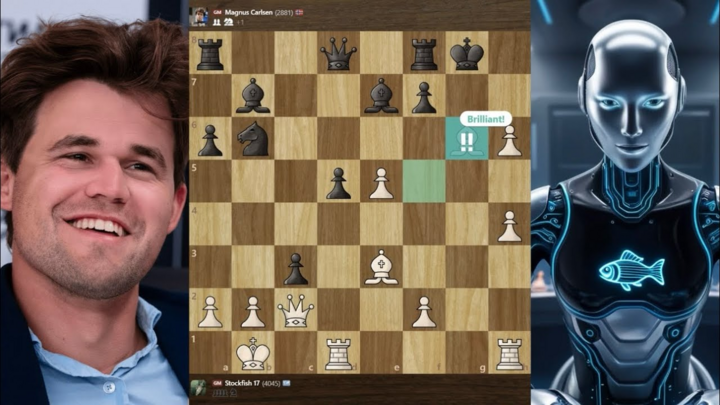 Magnus Carlsen đối đầu Stockfish - cuộc chiến giữa trí tuệ con người và sức mạnh AI. (Ảnh: Youtube/TheChubbyOrangeCat)
