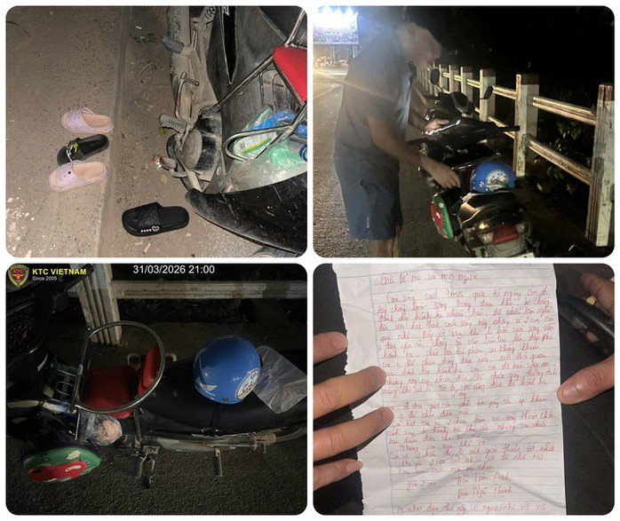 Chiếc xe máy cùng bức thư để lại trên cống