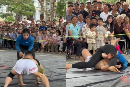 "Quỷ lùn" Hồng Sơn bị Anh Thơ đè ngửa ở sới vật, dù tung chiêu độc lạ