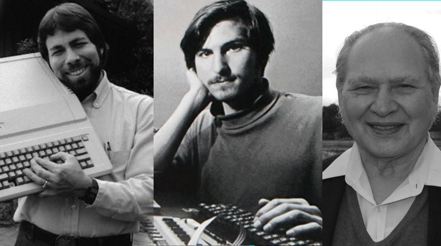 Những người sáng lập ban đầu của Apple. Từ trái sang phải: Steve Wozniak, Steve Jobs, Ron Wayne.