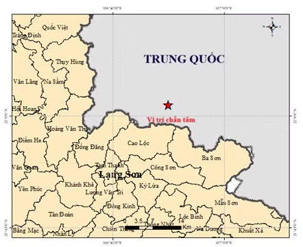 Vị trí tâm chấn ghi nhận trận động đất ở khu vực biên giới Trung Quốc- Lạng Sơn vào đêm qua