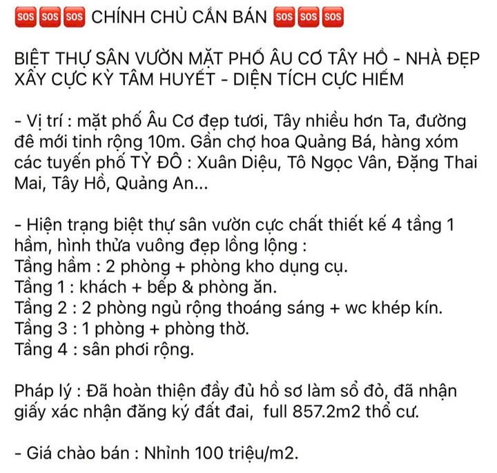 Một căn biệt thự rao bán với giá nhỉnh 100 triệu đồng/m2.