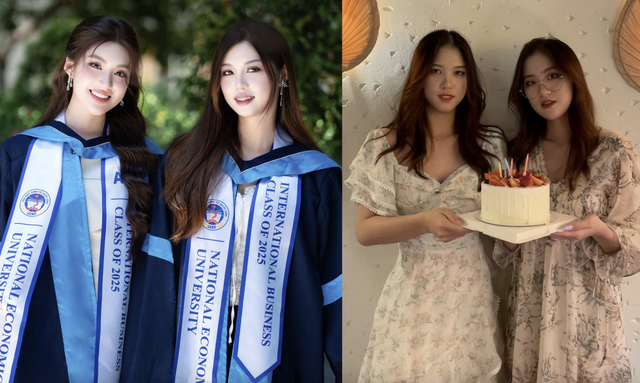 Phương Oanh và chị gái sinh đôi.