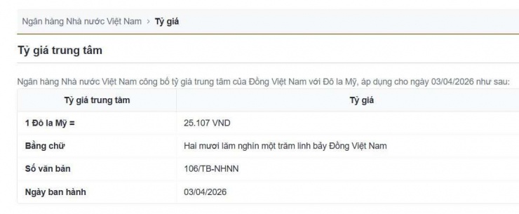 Tỷ giá trung tâm công bố ngày 3/4. Nguồn: sbv.