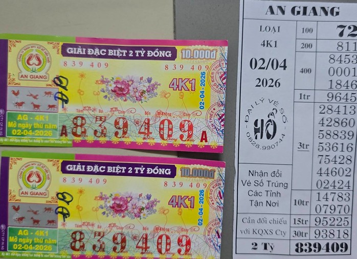 Giải độc đắc của vé số An Giang trúng tại tỉnh Cà Mau. Ảnh: ĐLVS Hổ