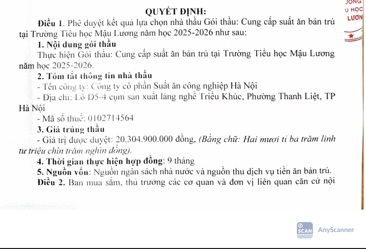 Một trong những gói thầu cung cấp suất ăn bán trú có giá trị lớn. Ảnh chụp màn hình