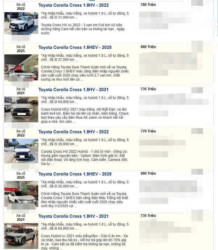 Một số tin rao bán&nbsp;Toyota Corolla Cross hybrid.