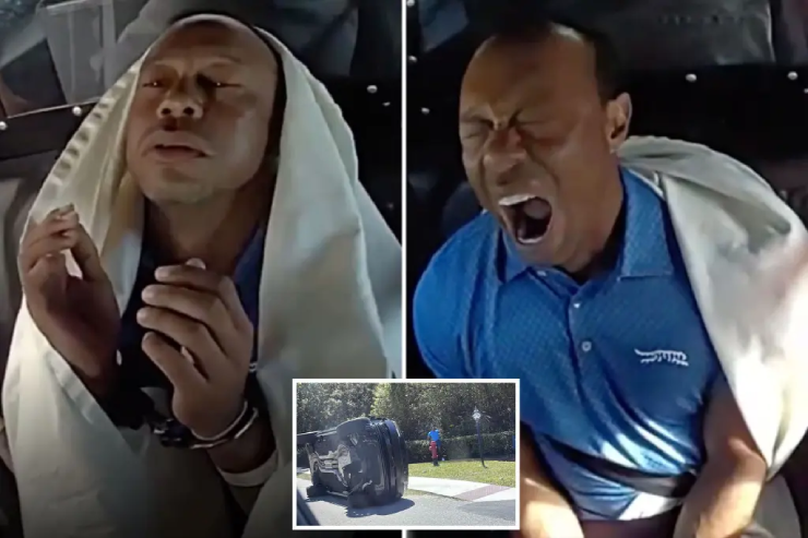 Woods bị trùm đầu, còng tay di lý về sở cảnh sát