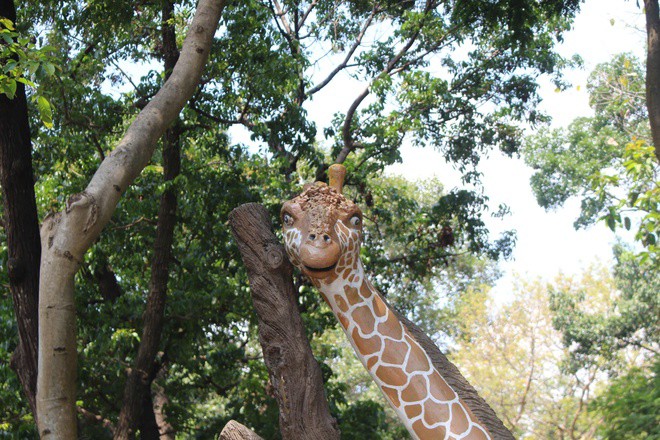 Nhiều vết nứt xuất hiện trên tượng hươu cao cổ tại Thảo Cầm Viên Sài Gòn, một phần sừng đã bị gãy.