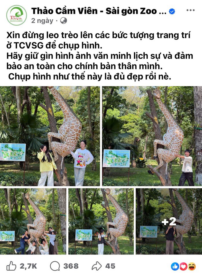 Thảo Cầm Viên Sài Gòn phát đi thông báo cảnh báo về tình trạng leo tượng chụp ảnh vào ngày 1-4. Ảnh: Chụp màn hình