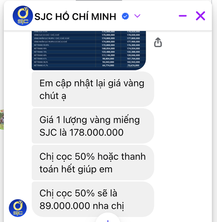 Một fanpage mạo danh công ty SJC, có tick xanh và yêu cầu khách chuyển trước 50% nếu đặt mua vàng miếng SJC
