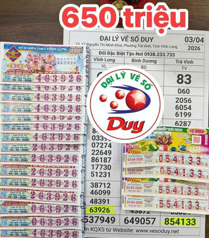 Giải độc đắc và giải an ủi của vé số Trà Vinh trúng tại tỉnh Vĩnh Long. Ảnh: ĐLVS Duy