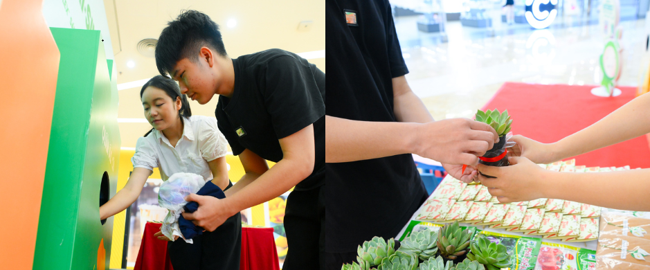 Cũng trong ngày 4/4, 90 Trung tâm thương mại Vincom đồng loạt vận hành điểm đổi quà, nhằm khuyến khích hành vi phân loại tại nguồn và thói quen tái chế, tái sử dụng ở mỗi cá nhân, mỗi gia đình. Trong ảnh là một điểm thu gom đồ cũ - đổi quà sen đá tại Trạm Xanh Tái sinh (Trung tâm thương mại Vincom Mega Mall Ocean Park, Hà Nội).