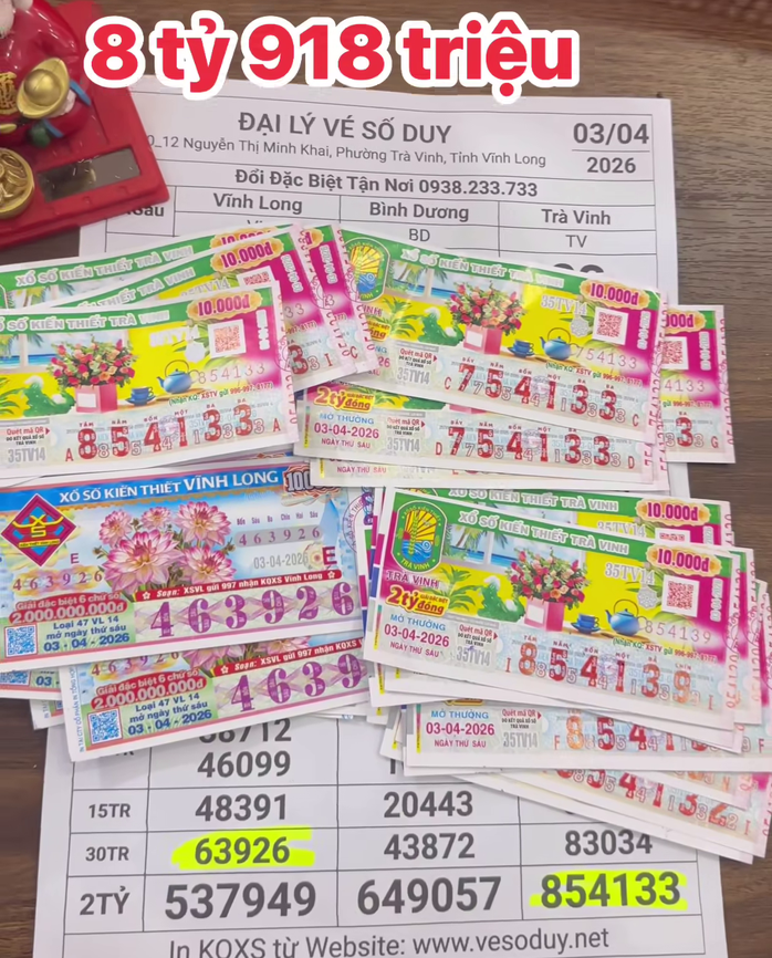 Giải nhất của vé số Vĩnh Long và giải an ủi của vé số Trà Vinh cùng trúng tại tỉnh Vĩnh Long. Ảnh: ĐLVS Duy