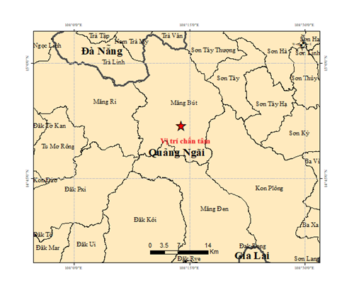Vị trí xảy ra trận động đất ở Quảng Ngãi chiều nay.