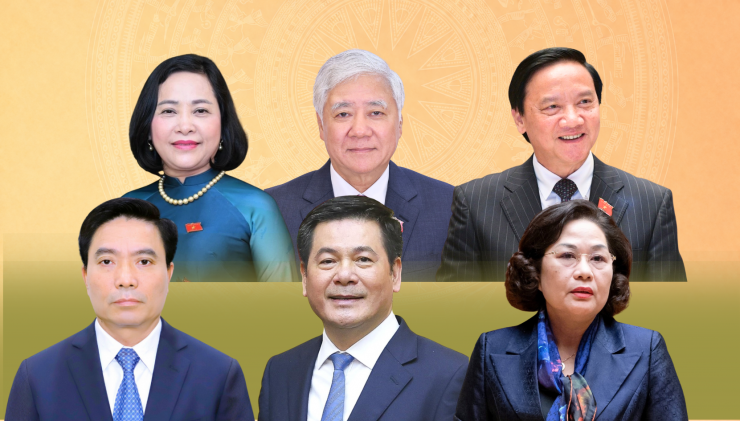 6 Phó Chủ tịch Quốc hội khoá XVI (Hàng trên, từ trái qua: bà Nguyễn Thị Thanh, ông Đỗ Văn Chiến, ông Nguyễn Khắc Định; Hàng dưới, từ trái qua: ông Nguyễn Doãn Anh, ông Nguyễn Hồng Diên, bà Nguyễn Thị Hồng). Ảnh: Q.N