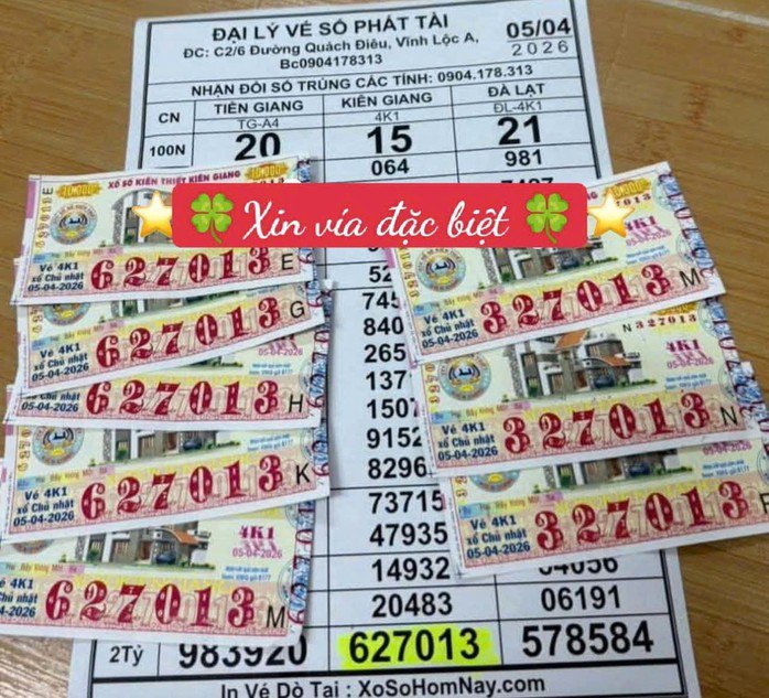 Giải an ủi và giải độc đắc của vé số Kiên Giang trúng tại TPHCM. Ảnh: ĐLVS Phát Tài