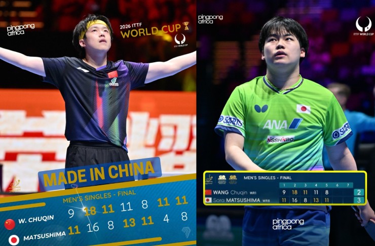 Wang Chuqin (bên trái) đánh bại đối thủ Nhật Bản sau trận đấu kéo dài 7 set