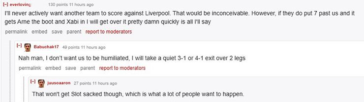 Một đoạn đối thoại trên diễn đàn Reddit giữa những fan mong Slot bị sa thải nếu Liverpool thua đậm