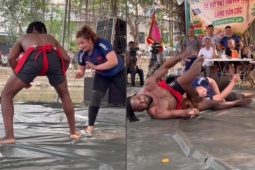 Nữ đô "mặt hoa hậu, thân lực sĩ" bị thanh niên châu Phi đè ngửa trên sới vật