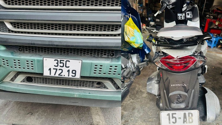 Xe máy còn nguyên vẹn sau khi bị xe tải ủn đi cả trăm mét.