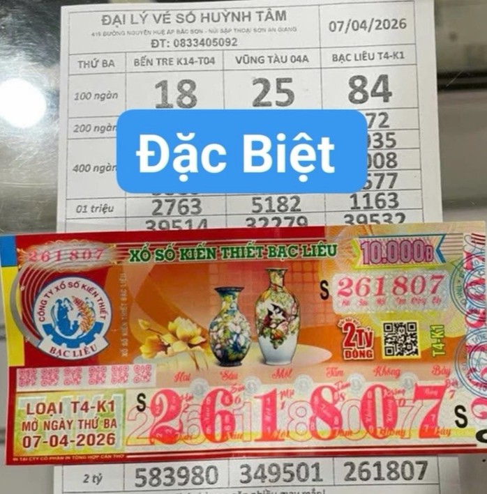 Giải độc đắc của vé số Bạc Liêu trúng tại tỉnh An Giang. Ảnh: ĐLVS Huỳnh Trâm