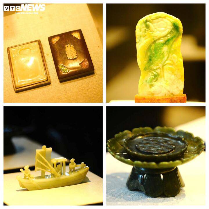 Các hiện vật tượng thờ, đỉnh, lư được chế tác từ ngọc có nhiều màu sắc khác nhau. Trong đó, hiện vật biểu trưng cho quyền lực bao gồm 3 thẻ bài được chế tác từ bạch ngọc, ghi danh các thành viên gia đình vua Khải Định gồm vua Khải Định, Từ Cung Hoàng thái hậu, Hoàng tử Vĩnh Thụy (sau là vua Bảo Đại).