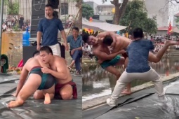 Kịch tính trận vật hội làng tranh 30 triệu đồng, 2 đô vật ôm nhau lao xuống hồ