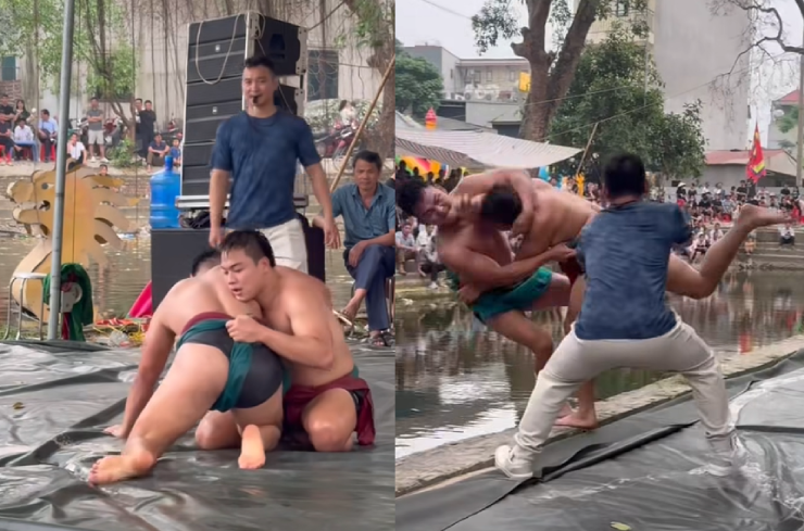 Hai đô vật say đòn, ôm nhau lao xuống nước
