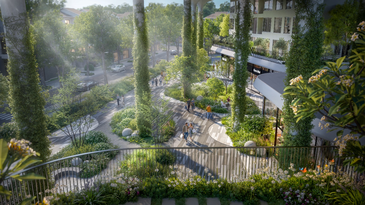 Cảnh quan nối liền 4 tòa tạo nên không gian xanh mát tại tầng 1 Forest Onsen