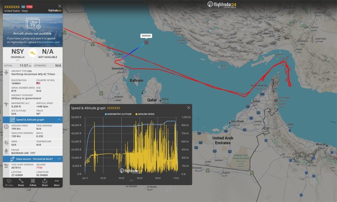 Đường bay của UAV MQ-4C trước khi mất liên lạc. Đồ họa: Flightradar24