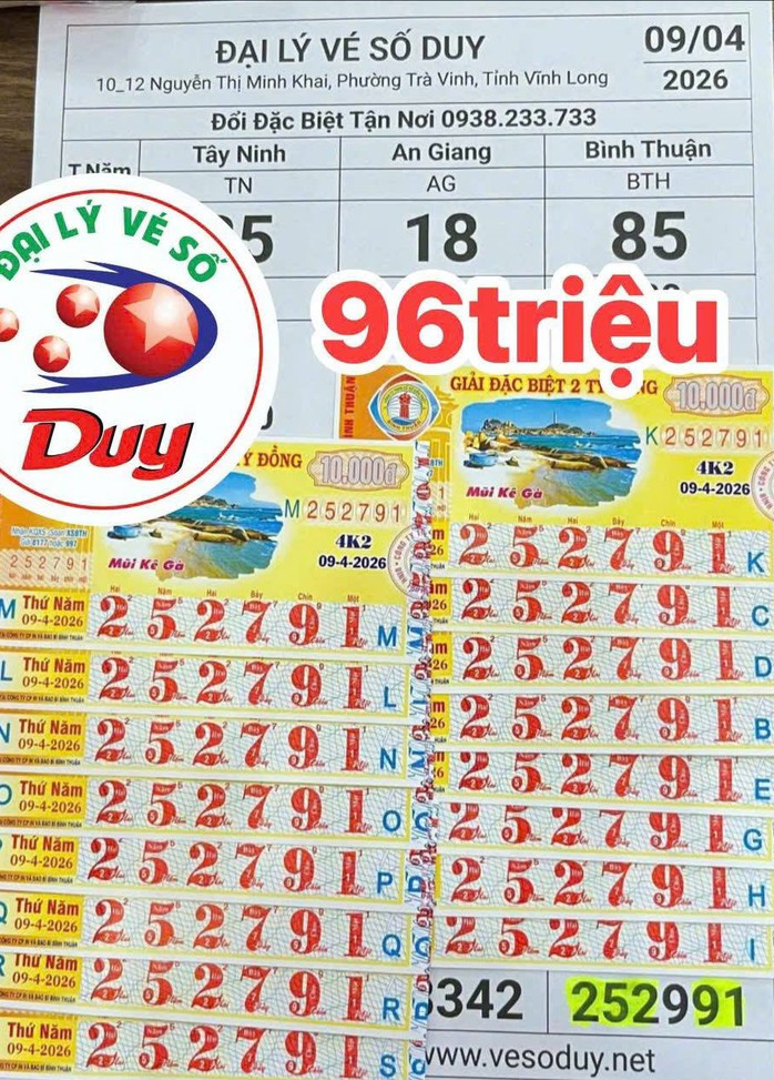 Giải khuyến khích của vé số Bình Thuận trúng tại tỉnh Tây Ninh và tỉnh Vĩnh Long. Ảnh: ĐLVS Duy, ĐLVS Tuấn