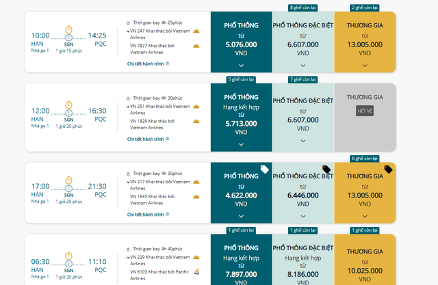 Nhiều đường bay dịp nghỉ lễ 30/4 - 1/5 ghi nhận giá vé tăng cao và khan hiếm chỗ. Ảnh chụp màn hình.