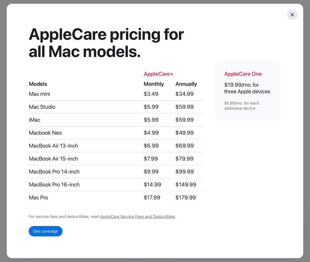 Bảng chi phí sửa chữa nếu có gói bảo hành AppleCare+ cho Macbook Neo.