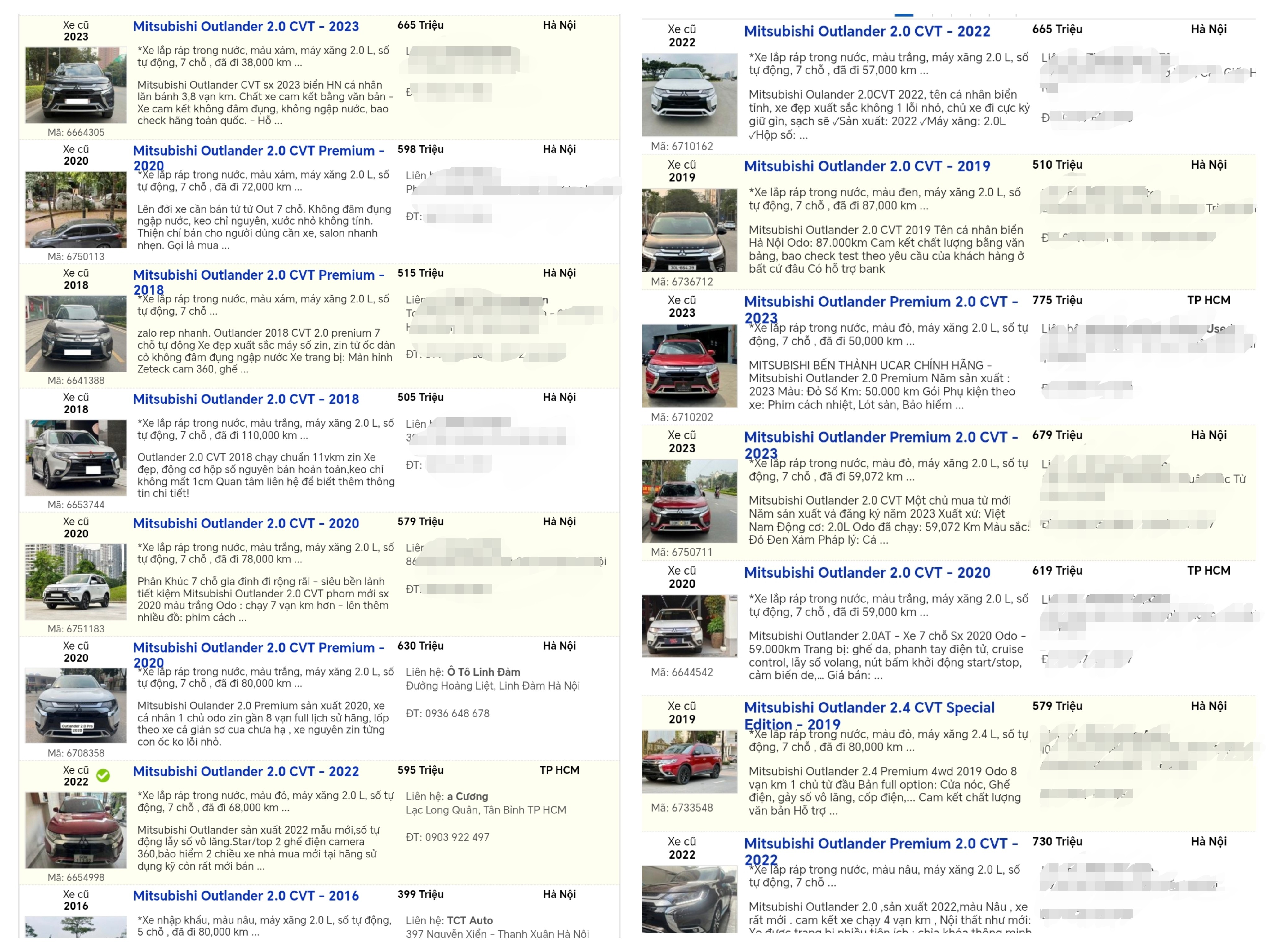 Loạt tin rao bán Mitsubishi Outlander cũ.