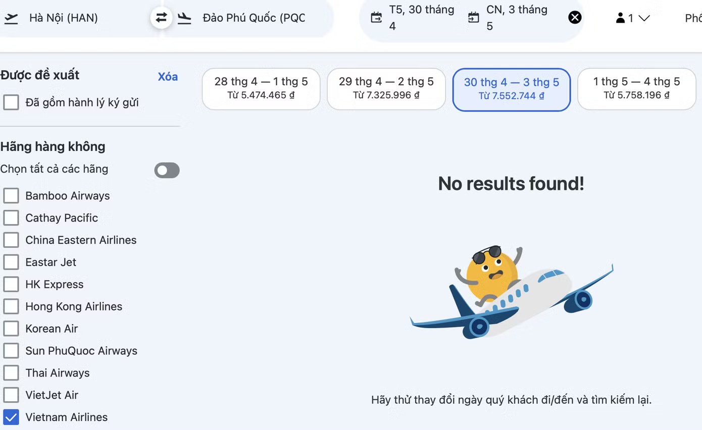 Giá chặng Hà Nội - Phú Quốc khởi hành ngày 30/4, về ngày 3/5 cực hiếm, Vietjet Air hết chỗ khung giờ đẹp, Vietnam Airlines báo không còn chỗ nào.