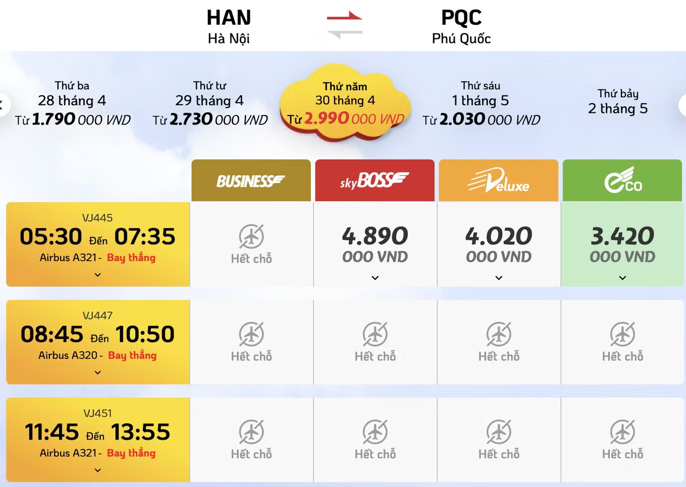 Giá chặng Hà Nội - Phú Quốc khởi hành ngày 30/4, về ngày 3/5 cực hiếm, Vietjet Air hết chỗ khung giờ đẹp, Vietnam Airlines báo không còn chỗ nào.