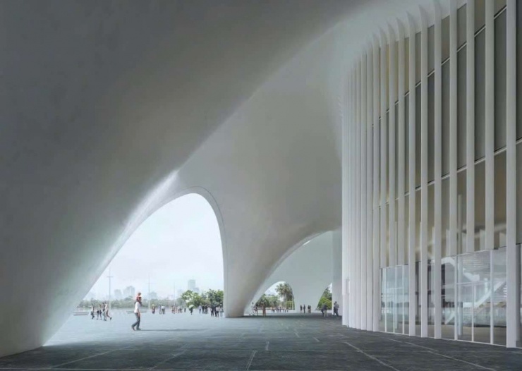 Dấu ấn đặc biệt của nhà hát là mái vòm lấy cảm hứng từ những gợn sóng hồ Tây, có kết cấu siêu mỏng, siêu chịu lực và được phủ vật liệu tạo hiệu ứng xà cừ, phản chiếu sắc nước theo ánh sáng từng thời điểm trong ngày (Ảnh phối cảnh nhà hát).