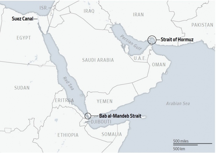 Vị trí eo biển Hormuz, eo biển Bab el-Mandeb và kênh đào Suez trên bản đồ.