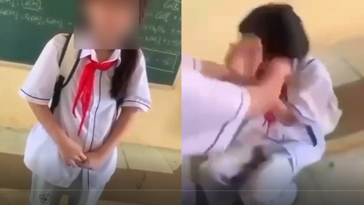 Em H. bị nhóm bạn đánh, bắt cởi áo quay clip giữa lớp học. Ảnh: Cắt từ clip