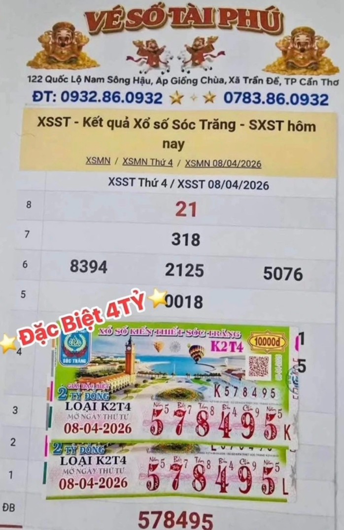 Giải độc đắc của vé số Sóc Trăng trúng tại TP Cần Thơ. Ảnh: ĐLVS Tài Phú