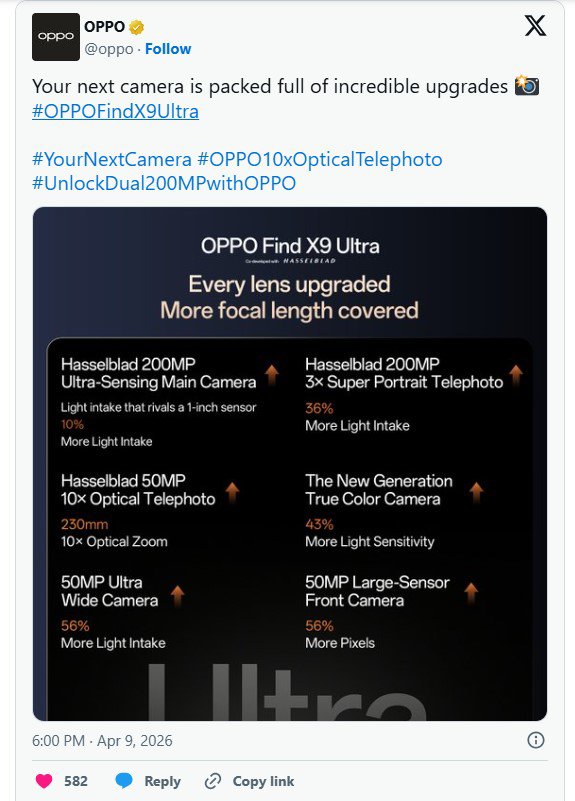 Thông tin về Oppo Find X9 Ultra được Oppo công bố.