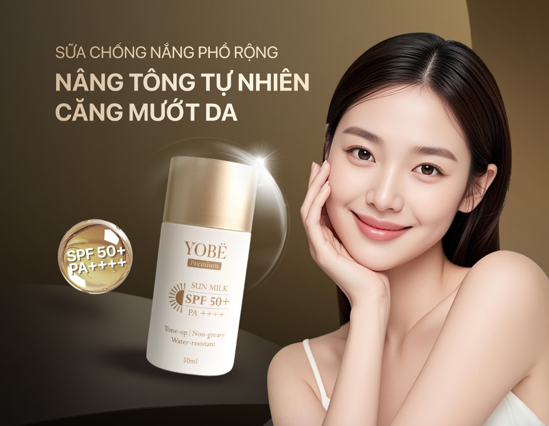 Sữa chống nắng phổ rộng YOBE cho hiệu ứng nền da căng bóng khỏe mạnh - Ảnh: YOBE