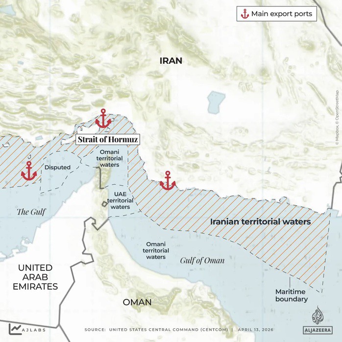 Phạm vi phong tỏa hải quân của Mỹ tại Iran. Khu vực màu cam đánh dấu vùng lãnh hải của Iran bị kiểm soát nghiêm ngặt từ ngày 13-4. Ảnh: Al-Jazeera