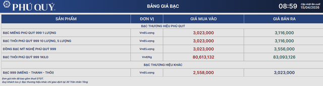 Giá bạc hôm nay 15/4: Bảng giá bạc Phú Qúy.
