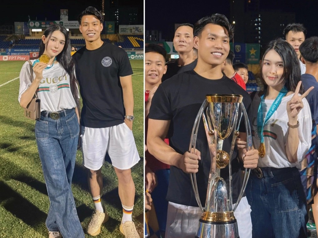 Văn Thanh ăn mừng cùng bạn gái Trần Bích Hạnh sau khi CLB CAHN vô địch Cup Quốc gia 2024-2025.